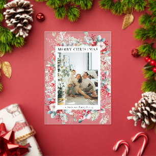 Elegante rote Beeren Familienfoto Weihnachtskarte Acryleinladungen