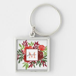 Elegante Rote Blume Hübsch Monogramm Schlüsselanhänger