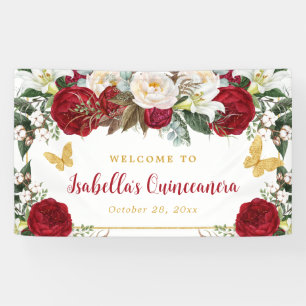 Elegante Rote Blume Schmetterlinge Quinceañera Banner