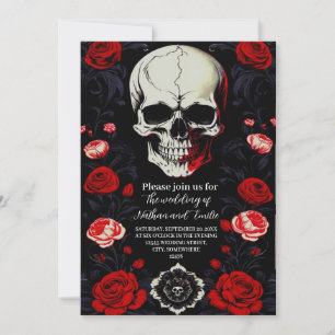 Elegante Rote Blume Skull Einladung Hochzeit