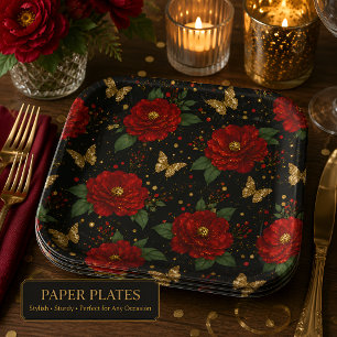 Elegante rote Blumen- und Gold-Schmetterlings-Gebu Pappteller