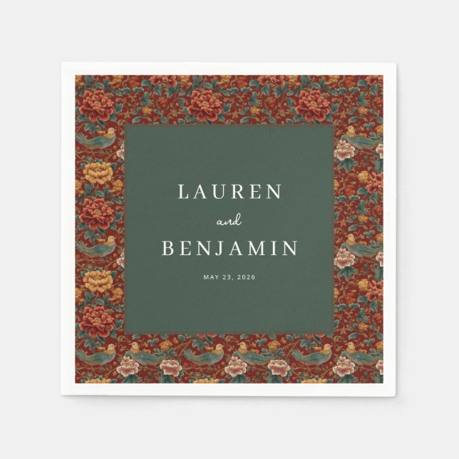 Elegante rote Blumen und Vögel Serviette (Vorderseite)
