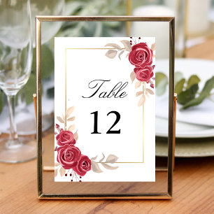 Elegante rote Blumengoldrahmen-Hochzeitstischnumme Tischnummer