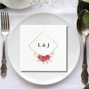 Elegante rote Blumeninitialen mit goldenem Rahmen  Serviette