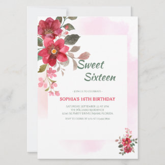 Elegante Rote Blüte 16 . Geburtstag Rosa Akzente Einladung