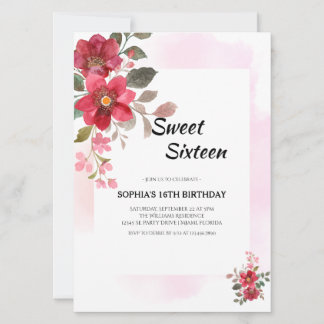 Elegante Rote Blüte 16 . Geburtstag Rosa Akzente Einladung