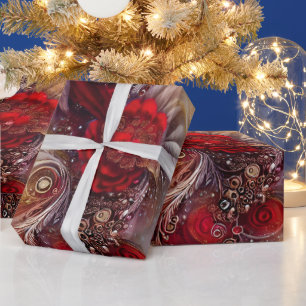 Elegante Rote Blüte Goldene Federn Beaded Geschenkpapier