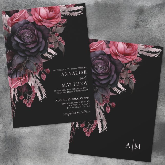 Elegante Rote Blütenhochzeit Einladung (Elegant Red Black Floral Wedding Invitation)