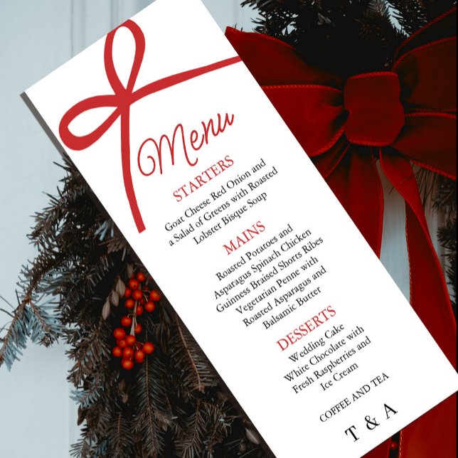 Elegante rote Bogen-Hochzeitsmenü Menükarte (Elegant Red Bow Wedding Menu #zazzlemade #christmas #weddingmenu #dinner #redbowmenu #blackred)