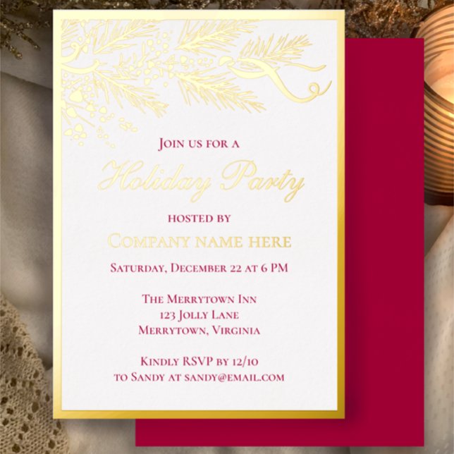 Elegante Rote Botanische Feiertage Gold Folieneinladung (Customize this template for a business holiday party invitation. Elegant unique gold foil invitation)