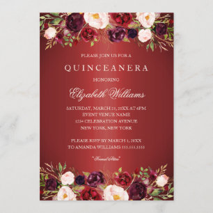 Elegante rote Burgunder-Rosen-Quinceanera-Einladun Einladung