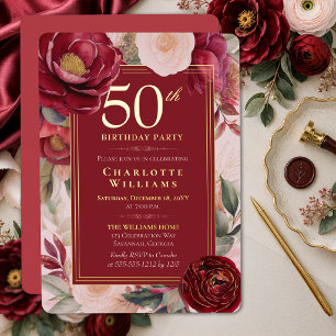 Elegante rote Camellia-Blumen zum 50. Geburtstag i Folieneinladung