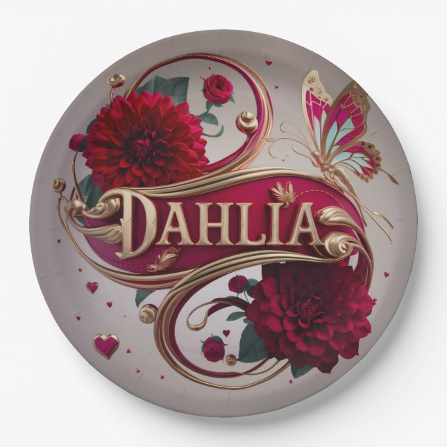 Elegante rote Dahlien-Blumenkunst Pappteller (Vorderseite)
