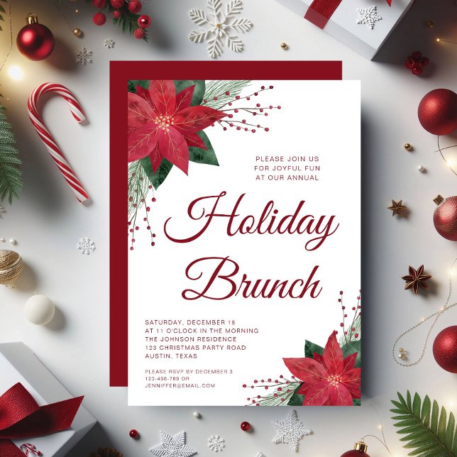 Elegante Rote Flora Poinsettia Holiday Brunch Einladung (Elegant Red Floral Poinsettia Holiday Brunch Invitation)