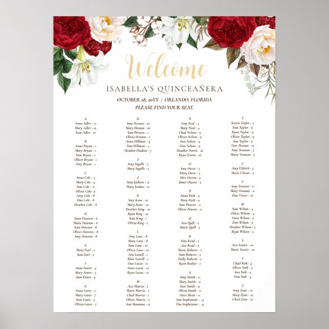 Elegante Rote Flora Quinceñera Seating Chart Poster (Vorne)