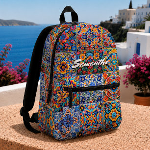 Elegante rote gelbe mexikanische Talavera-Monogram Bedruckter Rucksack