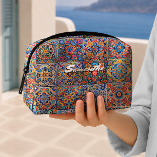 Elegante rote gelbe mexikanische Talavera-Monogram Waschbeutel