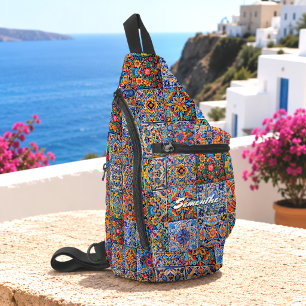 Elegante rote gelbe Talavera-Fliesen Monogramm Crossbody Bag