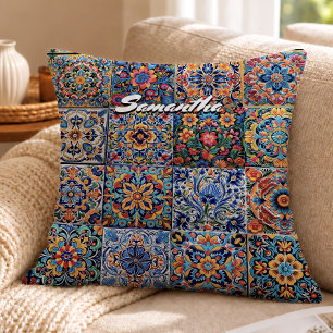 Elegante rote gelbe Talavera-Fliesen Monogramm Kissen