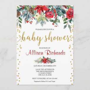 Elegante rote goldene Blumendusche Weihnachtsbaby Einladung