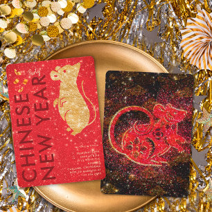 Elegante rote goldene Glitter-Ratte Lunar Neujahrs Einladung