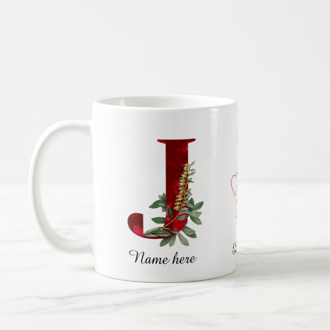 Elegante rote Herz-Blumen-Initial-Tasse J Kaffeetasse (Links)