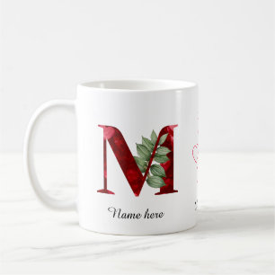 Elegante rote Herz-Blumen-Initiale M-Tasse Kaffeetasse
