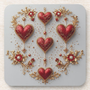 Elegante rote Herzen mit goldenen floralen Details Getränkeuntersetzer