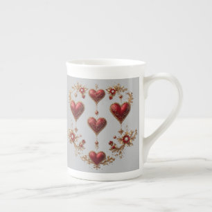 Elegante rote Herzen mit goldenen floralen Details Prozellantasse