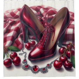 Elegante rote High Heels mit Cherry Duschvorhang