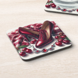 Elegante rote High Heels mit Cherry Getränkeuntersetzer