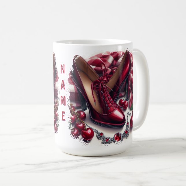 Elegante rote High Heels mit Cherry Kaffeetasse (VorderseiteRechts)