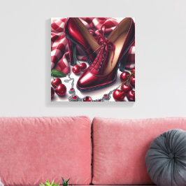 Elegante rote High Heels mit Cherry Leinwanddruck