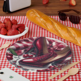 Elegante rote High Heels mit Cherry Pappteller