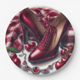 Elegante rote High Heels mit Cherry Pappteller