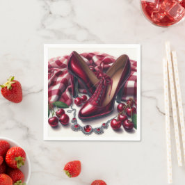 Elegante rote High Heels mit Cherry Serviette