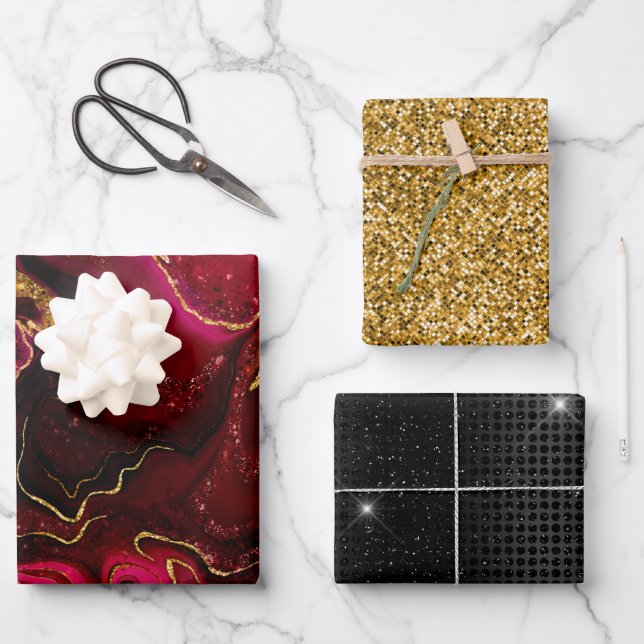 Elegante Rote Imitate Goldkunst Glitzer Marmor Kun Geschenkpapier Set (Vorderseite)