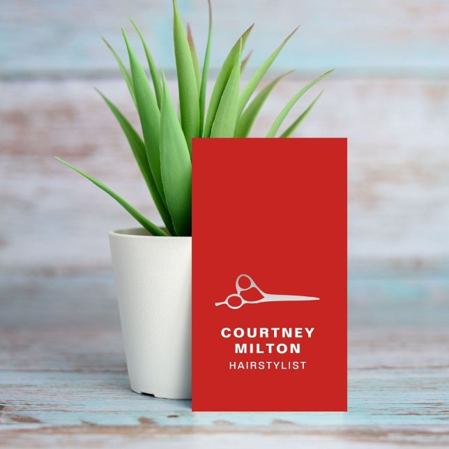 Elegante Rote Imitate Silberschere Haare Stylist Visitenkarte (Von Creator hochgeladen)