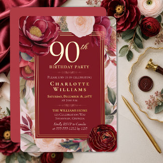 Elegante rote Kamelie - Florales 90. Geburtstags-G Folieneinladung