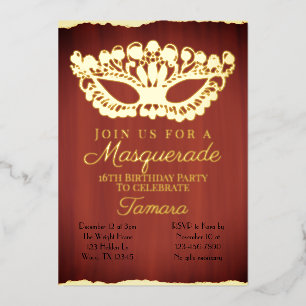 Elegante rote Maskerade zum sechzehnten Geburtstag Folieneinladung