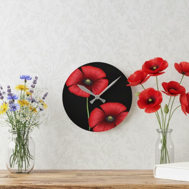 Elegante Rote Mohnblume Blume auf Schwarz Runde Wanduhr (Pretty poppies make a pretty poppy clock. Pop it on your wall today!)