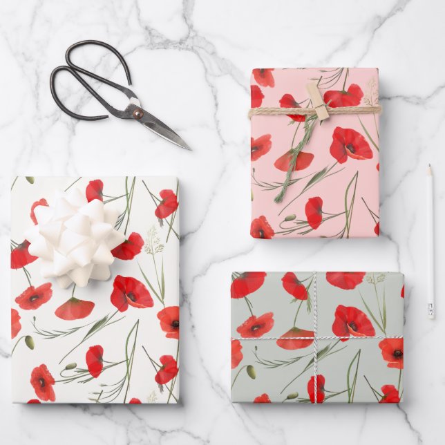 Elegante Rote Mohnblume und grüne Wasserfarbe Geschenkpapier Set (Vorderseite)
