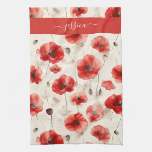 Elegante rote Mohnblumen Schriftname Geschirrtuch