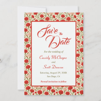 Elegante rote Nelken-Blumen-Hochzeit - Termin vorm Save The Date