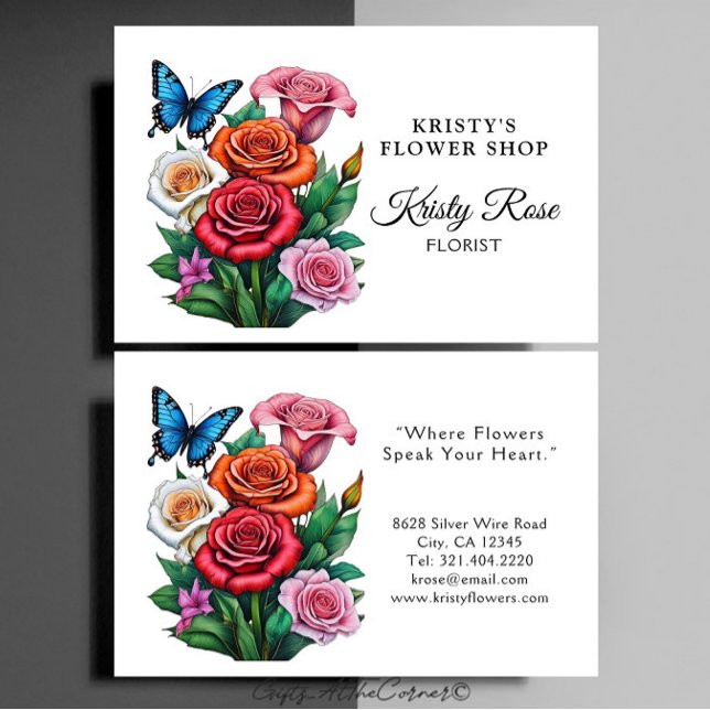 Elegante Rote Orange Rose Blume Butterfly Florist Visitenkarte (Von Creator hochgeladen)