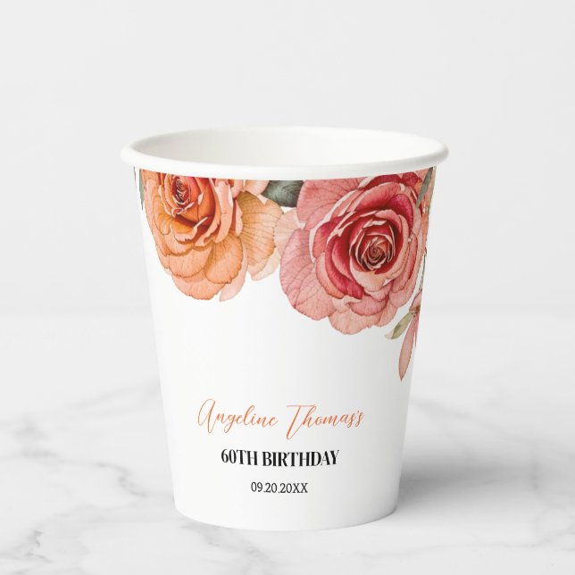 Elegante Rote Orange Rose Geburtstag Pappbecher (Vorderseite)