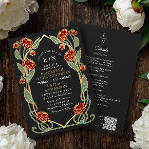Elegante rote Pfingstrose Art Nouveau QR-Code-Hoch Einladung
