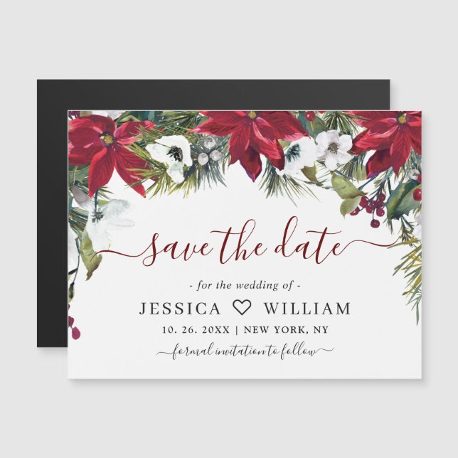 Elegante rote Poinsettia Save the Date Magnetkarte (Vorne/Hinten)