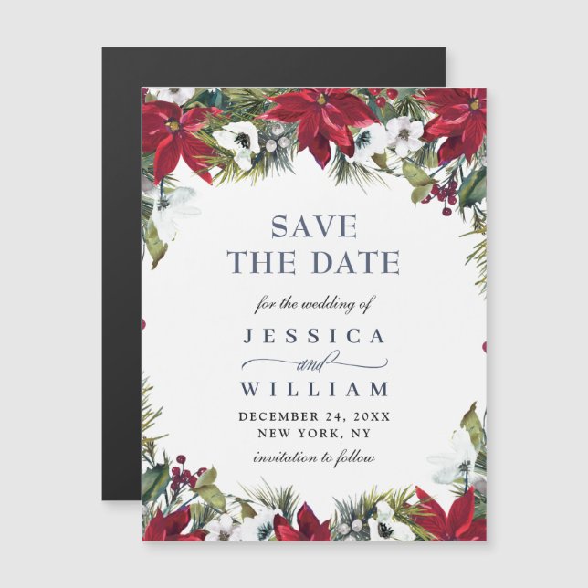 Elegante rote Poinsettia Save the Date Magnetkarte (Vorne/Hinten)