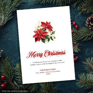 Elegante rote Poinsettia-Script-Schrift-Weihnachts Feiertagskarte